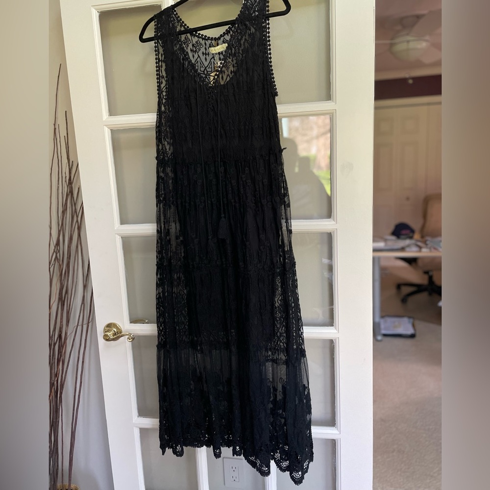 Embroidered Black Lace Maxi dress over Knee length cotton Slip dress